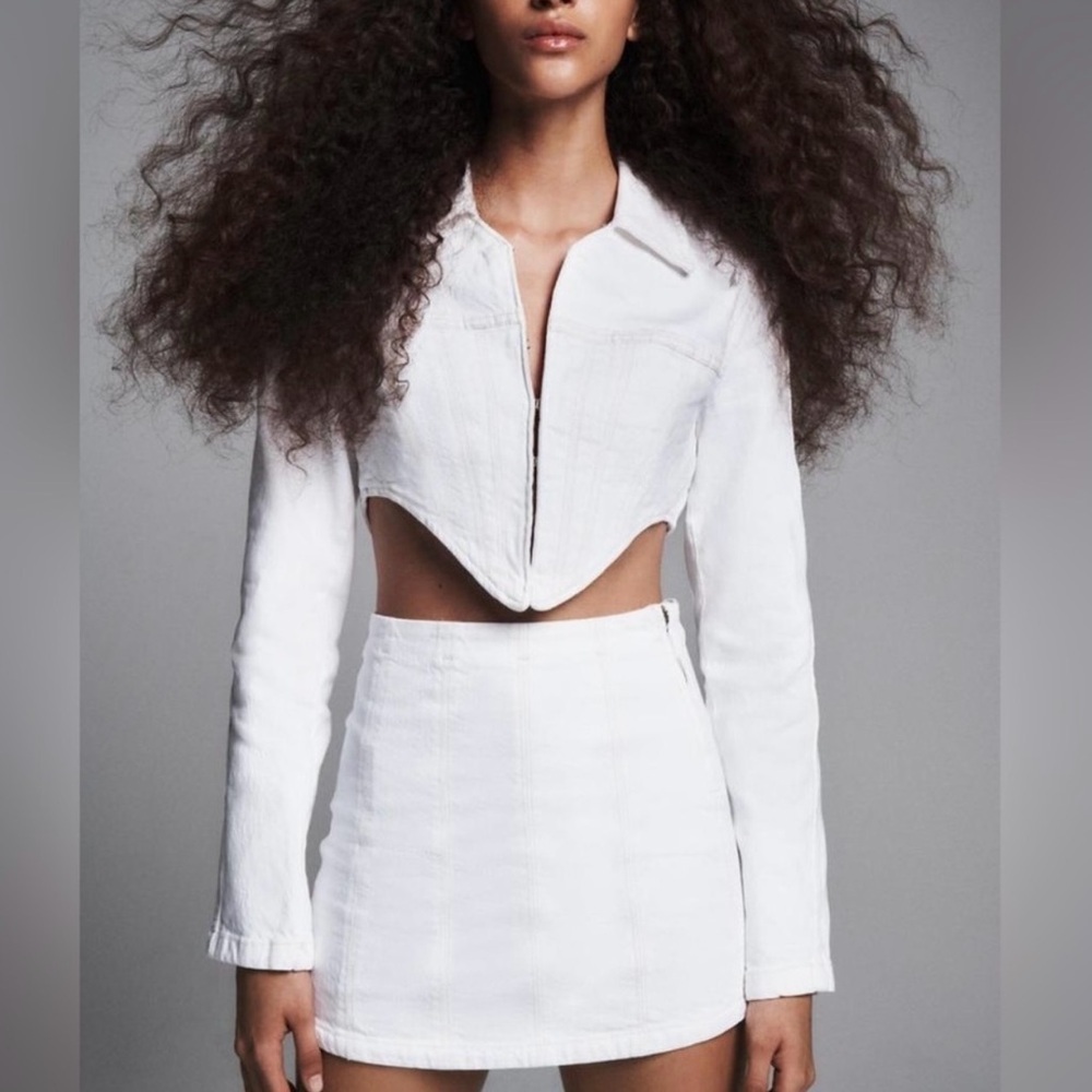 Zara White Cropped Corset Jacket Small Denim Jean Party Club